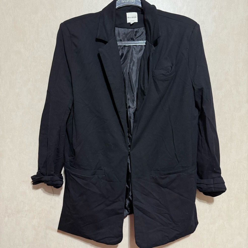 Ellison Black Cotton Blend 3/4 Sleeve Hook Eye Closure Blazer Jacket